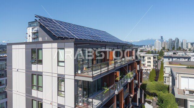 استخدام الطاقة المتجددة صديقة البيئة، توليد الطاقة الكهربائية البديلة في المملكة العربية السعودية, حقول ألواح الخلايا الشمسية على سطح أحد المباني, التنمية المستدامة الطبيعية، تحقيق الاستفادة الآمنة من أشعة الشمس