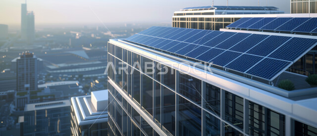 تحقيق الاستفادة الآمنة من أشعة الشمس، التنمية المستدامة الطبيعية، توليد الطاقة الكهربائية البديلة في المملكة العربية السعودية, حقول ألواح الخلايا الشمسية على سطح أحد المباني, استخدام الطاقة المتجددة صديقة البيئة