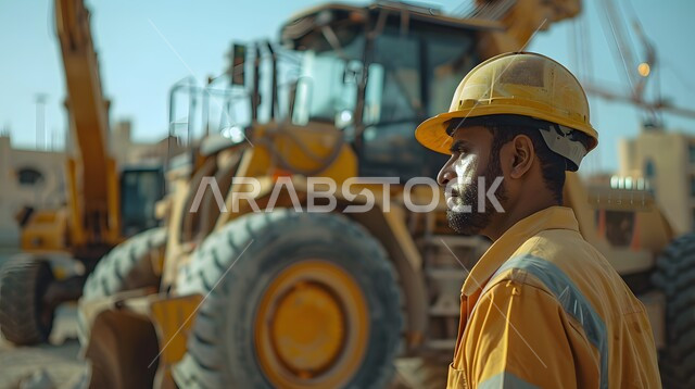 الاشراف على عمل الآلات والمعدات الثقيلة للمباني والهياكل الكبيرة، استخدام الرافعات والسقالات في مواقع البناء، وظائف هندسية صناعية في السعودية، عامل بناء عربي خليجي سعودي يرتدي السترة وخوذة الحماية يعمل في مجال الإنشاءات