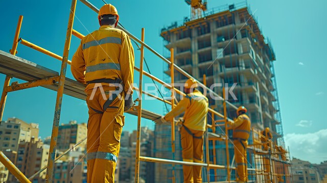 مجموعة من العمال العرب الخليجيين السعوديين يرتدون سترة وخوذة الحماية يقفون على السطح، العمل في موقع البناء، الرافعات والعوارض الفولاذية، مبنى قيد الانشاء، مهن ووظائف هندسية
