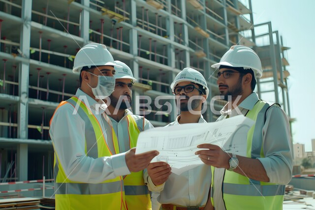 مهن ووظائف هندسية، حوارات ونقاشات عمل، العمل في موقع البناء، مجموعة مهندسون معماريون عرب سعوديون خليجيون يتناقشون في ورقة مخطط البناء، ارتداء خوذة وسترة الحماية الخاصة بالعمل، التدقيق والاشراف على العمل