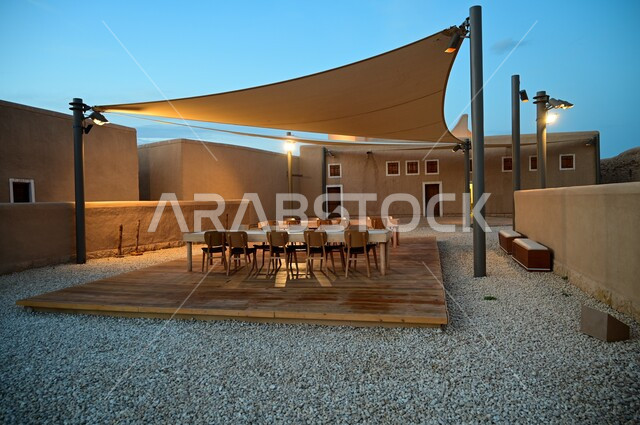 Popular heritage gathering places, historical houses in Riyadh, ancient Arabic architectural design of old antique wooden doors, architectural engineering art of old clay buildings in the Kingdom of Saudi Arabia