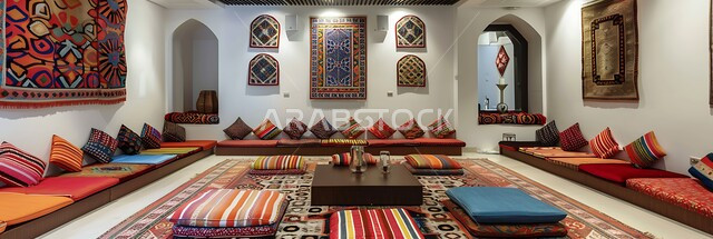 الفن الهندسي المعماري على الطراز القديم, صورة بانورامية لديوان عربي تراثي يضم وسائد ملونة ومريحة, الديكورات والتصاميم للتحف الفنية التراثية, أشكال هندسية معلقة على الجدران