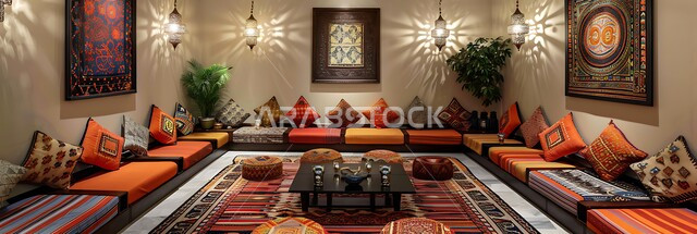 Geometric shapes hanging on the walls, a panoramic picture of a heritage Arab divan that includes colorful and comfortable pillows, ancient-style architectural art, decorations and designs for heritage art objects