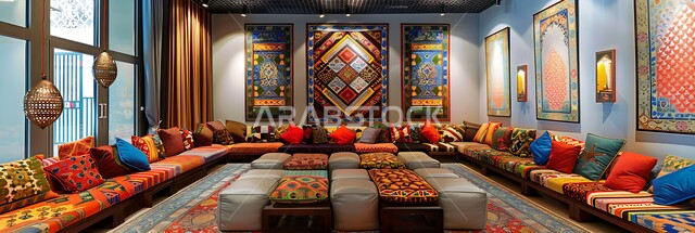 الديكورات والتصاميم للتحف الفنية التراثية, صورة بانورامية لديوان عربي تراثي يضم وسائد ملونة ومريحة, الفن الهندسي المعماري على الطراز القديم, أشكال هندسية معلقة على الجدران