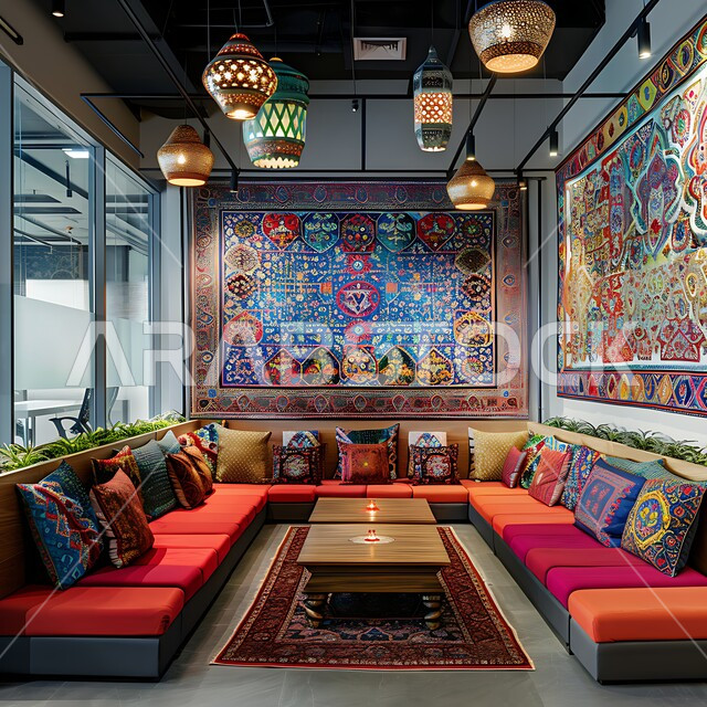 A traditional Arabic divan that includes comfortable cushions and low tables, ancient heritage-style architectural art, popular accessories, decorations and designs.