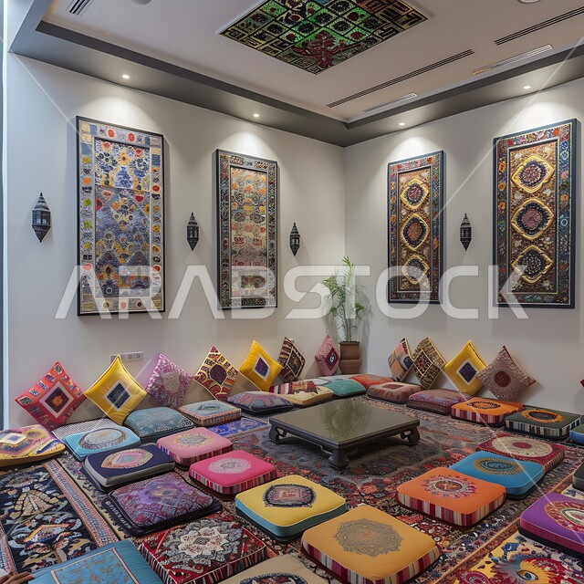 ديوان عربي تقليدي يضم وسائد ملونة ذات مظهر تراثي, الفن الهندسي المعماري على الطراز القديم, الديكور والتصميم للتحف والأكسسوارات الشعبية 