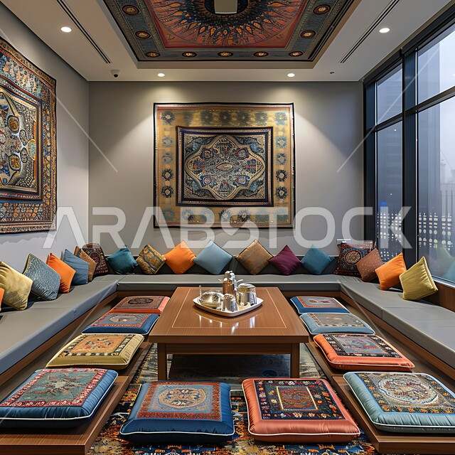 الفن الهندسي المعماري على الطراز التراثي القديم, ديوان عربي تقليدي يضم وسائد ملونة ومريحة, طاولات منخفضة يوضع عليها بعض التحف, الديكور والتصميم للتحف