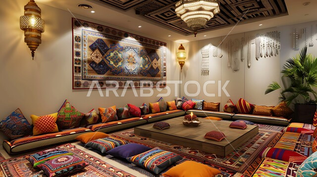 الفن الهندسي المعماري على الطراز التراثي القديم ,ديوان عربي تقليدي يضم وسائد ملونة ومريحة ,طاولات منخفضة يوضع عليها بعض التحف,الديكور والتصميم للتحف
