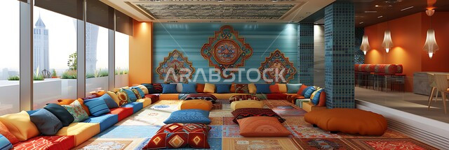 الديكورات والتصاميم للتحف الفنية التراثية, الفن الهندسي المعماري على الطراز القديم, صورة بانورامية لديوان عربي تراثي يضم وسائد ملونة ومريحة, أشكال هندسية معلقة على الجدران