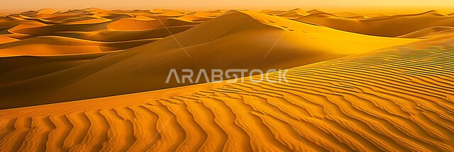  الرمال الذهبية الناعمة المتموجة والكثبان في صحراء المملكة العربية السعودية, صورة بانورامية للتلال و الهضاب في المناطق الطبيعية الصحراوية، البيئة الرملية وقت النهار، خلفية الطبيعه
