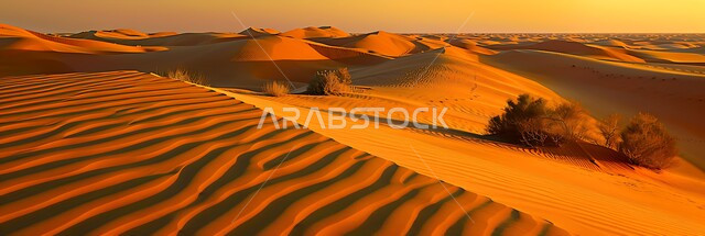 التلال و الهضاب في المناطق الطبيعية الصحراوية، البيئة الرملية وقت النهار، صورة بانورامية للرمال الذهبية الناعمة المتموجة والكثبان في صحراء المملكة العربية السعودية, خلفية الطبيعه