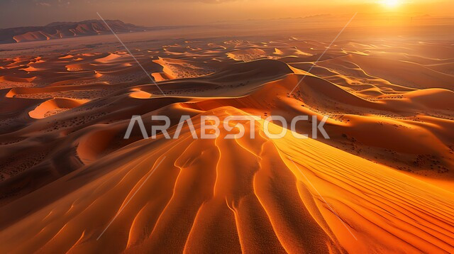 الهضاب و التلال في المناطق الطبيعية الصحراوية، البيئة الرملية وقت غروب الشمس، صورة مقربة للرمال الذهبية الناعمة المتموجة والكثبان في صحراء المملكة العربية السعودية, خلفية الطبيعه