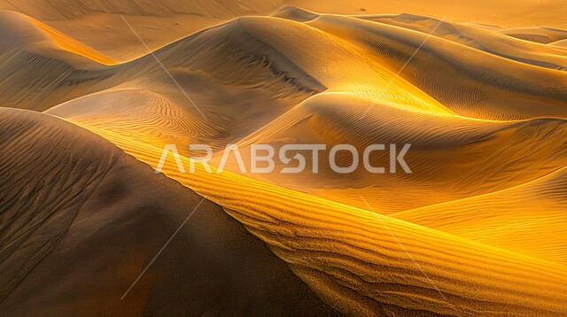 الهضاب والتلال في المناطق الطبيعية الصحراوية، البيئة الرملية في وقت النهار، صورة مقربة للرمال الذهبية الناعمة المتموجة والكثبان في صحراء المملكة العربية السعودية, خلفية الطبيعه
