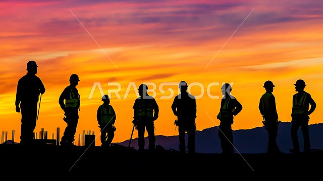 مهن ووظائف هندسية، حوارات ونقاشات عمل، العمل في موقع البناء، صورة ظلية لمجموعة مهندسون معماريون عرب سعوديون خليجيون يتناقشون في ورقة مخطط البناء، ارتداء خوذة وسترة الحماية الخاصة بالعمل، التدقيق والاشراف على العمل، سالوليت