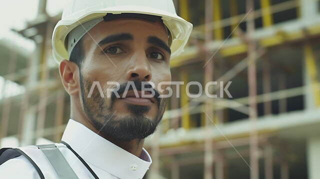 النظر إلى الكاميرا بإيماءات السعادة والسرور، مهن ووظائف هندسية سعودية، الاشراف على المشاريع في موقع العمل، صورة مقربة لمهندس شاب عربي خليجي سعودي يرتدي اللباس الخاص بالمهنة وخوذة الحماية، تطور ونمو القطاع الهندسي في المملكة