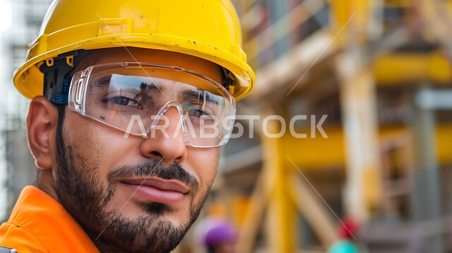 Looking at the camera with gestures of happiness and pleasure, Saudi engineering professions and jobs, supervising projects at the work site, a close-up photo of a young Saudi Gulf Arab engineer wearing the profession’s uniform and a protective helmet, the development and growth of the engineering sector in the Kingdom