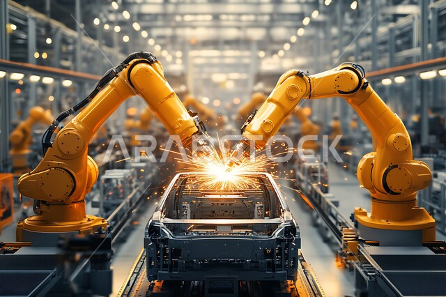 الاعتماد على أذرع الآلات في عمليات الإصلاح واللحام، استخدام روبوتات متطورة في تصنيع السيارات والمركبات, التشغيل الآلي لخطوط الانتاج في معامل ومصانع المملكة, دمج التكنولوجيا والتقنيات الحديثة في مجال الميكانيك, تحقيق الثورة الصناعية، رؤية سعودية مستقبلية 2030