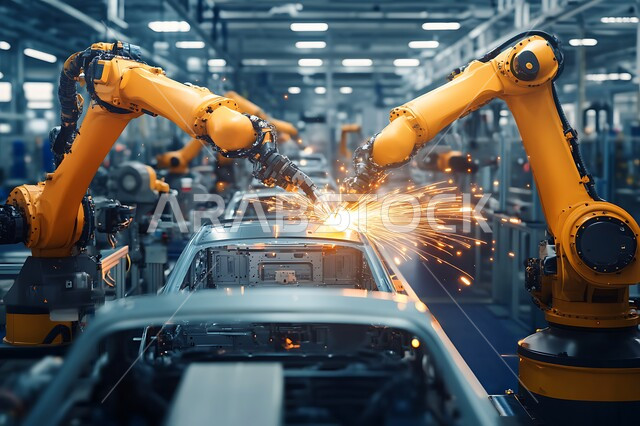 Automation of production lines in the Kingdom's factories and plants, integration of modern technology and techniques in the field of mechanics, achieving the industrial revolution, Saudi Vision 2030, reliance on machine arms in repair and welding operations, use of advanced robots in the manufacture of cars and vehicles