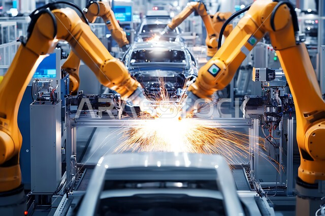 Using advanced robots in the manufacture of cars and vehicles, automation of production lines in the Kingdom’s factories and plants, integrating modern technology and techniques in the field of mechanics, achieving the industrial revolution, Saudi Vision 2030, relying on machine arms in repair and welding operations
