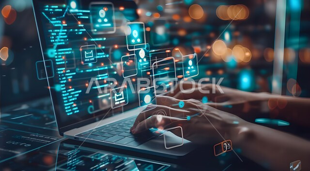 A close-up picture of the hand of a Saudi Gulf Arab man using a laptop, writing on the keyboard and displaying information using hologram technology, entering data and creating text content, marketing and promoting websites, doing administrative work, e-learning.