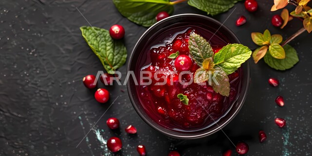 محاصيل وثمار وطنية محلية سعودية، وجبات خفيفة باردة منعشة في فصل الصيف، طبق صلصة التوت البري اللذيذ مع النعناع، فنون تقديم وترتيب الأطباق، سناك غني بالقيم الغذائية والصحية