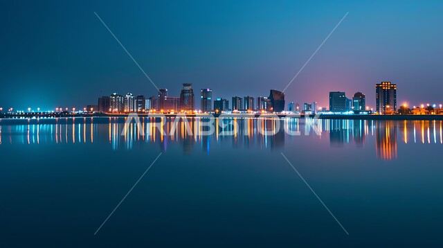 High-rise buildings, towers and commercial facilities reflected on the surface of calm waters, modern designs and engineering arts of skyscrapers in Saudi Arabia, a futuristic imaginary view of progress and urban growth, Saudi Vision 2030, the concept of architectural engineering development in the city of Riyadh