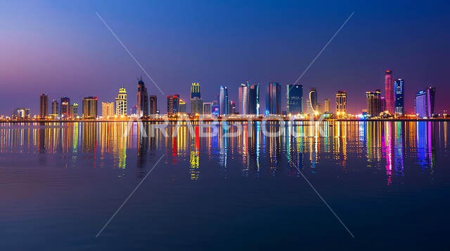 رؤية مستقبلية سعودية 2030، مفهوم التطور الهندسي المعماري في مدينة الرياض، المباني والأبراج والمنشآت التجارية الشاهقة المعكوسة على سطح المياه الهادئة، التصاميم و الفنون الهندسية الحديثة لناطحات السحاب في السعودية، منظر تخيلي مستقبلي للتقدم و النمو العمراني