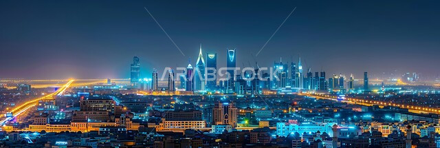 الفن الهندسي المعماري والتصميم المتطور للابراج وناطحات السحاب, معالم وأماكن سياحية مشهورة في المملكة العربية السعودية، جذب السياح الأجانب, النمو والتقدم العمراني على الطراز الحديث, رؤية سعودية مستقبلية 2030, منظر مدينة الرياض المضاءة ليلاً