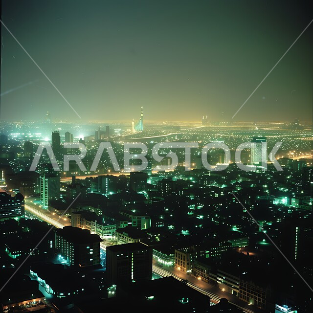  مفهوم تطويروتحسين البنية التحتية، منظر تخيلي مستقبلي للتقدم و النمو العمراني، الفنون والتصاميم الهندسية المعمارية الحديثة لناطحات السحاب في المملكة العربية السعودية، الأبراج والمباني التجارية المضيئة، رؤية مستقبلية سعودية 2030