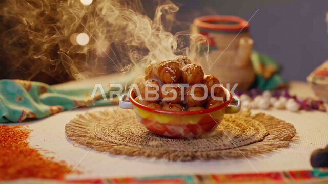 طبق اللقيمات ذهبية اللون، حلا الزلابيات الشرقي، كرات العجين المقلية الصغيرة، الحلوى الشهية المتميزة، وصفات وأطباق الحلويات والسكريات، ضيافة المناسبات والأعياد في المملكة العربية السعودية