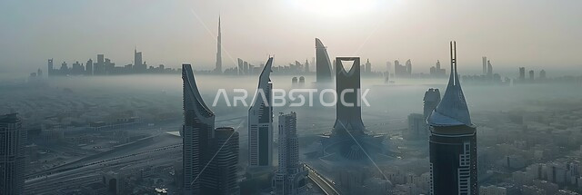 مفهوم التطور الهندسي المعماري في مدينة الرياض، المباني والأبراج والمنشآت التجارية الشاهقة وسط السماء المليئة بالغيوم البيضاء، التصاميم و الفنون الهندسية الحديثة لناطحات السحاب في السعودية، منظر تخيلي مستقبلي للتقدم و النمو العمراني، رؤية مستقبلية سعودية 2030