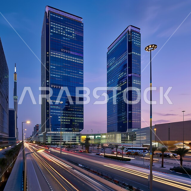  منظر مدينة الرياض عند الغروب، حركة مرور السيارات في الشوارع والطرقات, رؤية سعودية مستقبلية 2030, الفن الهندسي المعماري والتصميم المتطور للابراج وناطحات السحاب، معالم وأماكن سياحية مشهورة في المملكة العربية السعودية، النمو والتقدم العمراني على الطراز الحديث