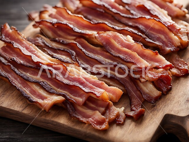 أطعمة ذات قيمة غذائية عالية, وجبات الطعام الساخنة, مطاعم للمأكولات العربية الشرقية, أكلات اللحوم الصحية اللذيذة, صور مقربة لشرائح لحم الخنزير المقدد المقرمشة على لوح التقطيع الخشبي , خلفية سوداء