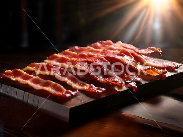 وجبات الطعام الساخنة, مطاعم للمأكولات العربية الشرقية, أكلات اللحوم الصحية اللذيذة, أطعمة ذات قيمة غذائية عالية, صور مقربة للحم الخنزير المقدد المقرمش على لوح التقطيع الخشبي, خلفية سوداء