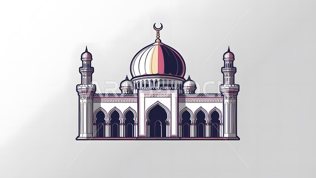 أماكن العبادة والصلاة والخشوع،رسوم لمساجد إسلامية، الفن الهندسي المعماري على الطراز الاسلامي،مفهوم العبادة والتقرب إلى الله تعالى،خلفية رمادية