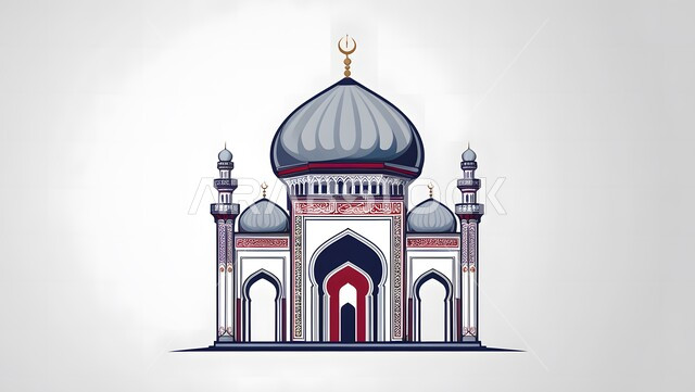 الفن الهندسي المعماري على الطراز الاسلامي،مفهوم العبادة والتقرب إلى الله تعالى،أماكن العبادة والصلاة والخشوع،رسوم لمساجد إسلامية،خلفية رمادية