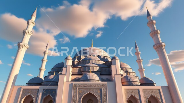 Places for performing prayers and acts of worship, Islamic architectural art of mosques in the Kingdom of Saudi Arabia, worship and drawing closer to God, background of a sky full of clouds