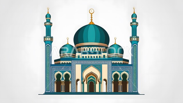 الفن الهندسي المعماري على الطراز الاسلامي للمساجد، اجواء اسلامية روحانية،  مفهوم العبادة و التقرب الى الله، أداء الفرائض والصلوات على وقتها،رسوم توضيحية لمسجد في المملكة العربية السعودية،خلفيه رماديه