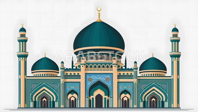 Illustration of a mosque in Saudi Arabia, Islamic architectural art of mosques, Islamic spiritual atmosphere, the concept of worship and getting closer to God, performing religious duties and prayers on time, white background