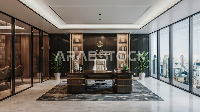 تصميمات وديكورات داخلية أنيقة مع أثاث فخم ومريح لغرف المكاتب، هندسة معمارية متطورة، غرف للقراءة والجلوس، مكتب عمل بواجهة زجاجية كبيرة، تصميم عصري حديث لمكاتب الشركات السعودية.