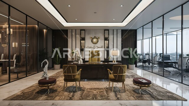 تصميمات وديكورات داخلية أنيقة مع أثاث فخم ومريح لغرف المكاتب، هندسة معمارية متطورة، غرف للقراءة والجلوس، مكتب عمل بواجهة زجاجية كبيرة، تصميم عصري حديث لمكاتب الشركات السعودية.