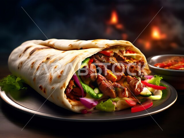 Protein rich meat recipes, Saudi Arabia restaurants and kitchens, Oriental food presentation arts, delicious healthy foods, close-up of a plate of grilled meat rolls with vegetables and a side sauce