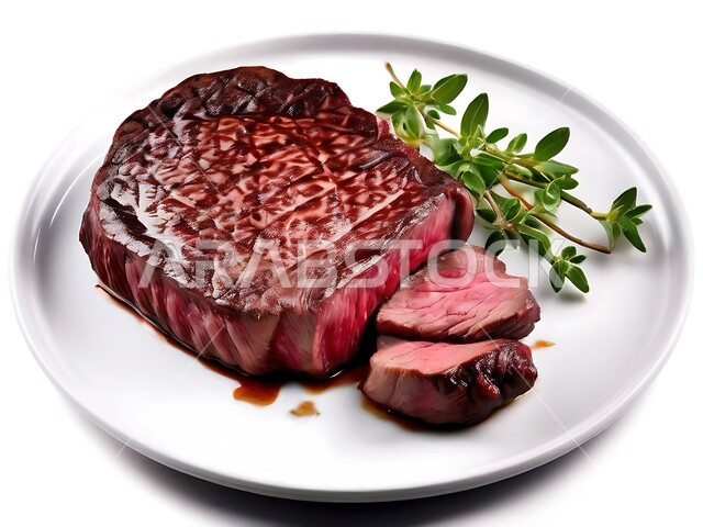 مطاعم و مطابخ المملكة العربية السعودية, فنون تقديم الأطعمة الشرقية, مأكولات صحية شهية, وصفات اللحوم الغنية بالبروتين, صورة مقربة لطبق شريحة لحم مشوية شهية مع الأعشاب, خلفية بيضاء