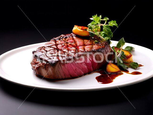 Protein rich meat recipes, Saudi Arabia restaurants and kitchens, Oriental food presentation arts, delicious healthy food, close-up of grilled steak with apples and fried vegetables, black background