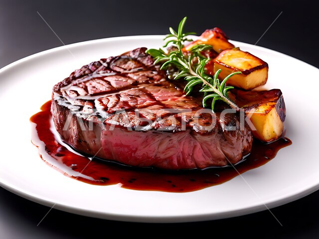 مطاعم و مطابخ المملكة العربية السعودية, فنون تقديم الأطعمة الشرقية, مأكولات صحية شهية, وصفات اللحوم الغنية بالبروتين, صورة مقربة لطبق شريحة لحم مشوية مع الروزماري والبطاطس, خلفية سوداء