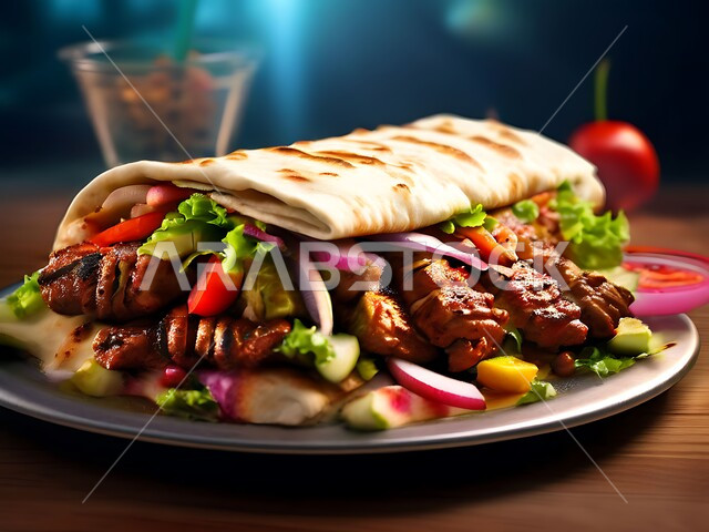 وصفات اللحوم الغنية بالبروتين, مطاعم و مطابخ المملكة العربية السعودية, فنون تقديم الأطعمة الشرقية, مأكولات صحية شهية, صورة مقربة لطبق شاورما دجاج لذيذة مع الخضار الطازجة