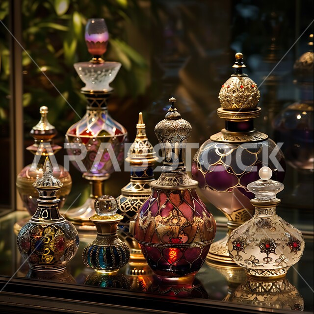 زيوت تقليدية تراثية، صورة مقربة لترتيب زجاجات العطور العربية الملونة المزخرفة في سوق شعبي، المحلات التجارية لبيع الطيب والعطر العربي، عرض المنتجات المحلية الوطنية، التسوق والتبضع في الأسواق الشعبية السياحية في المملكة العربية السعودية