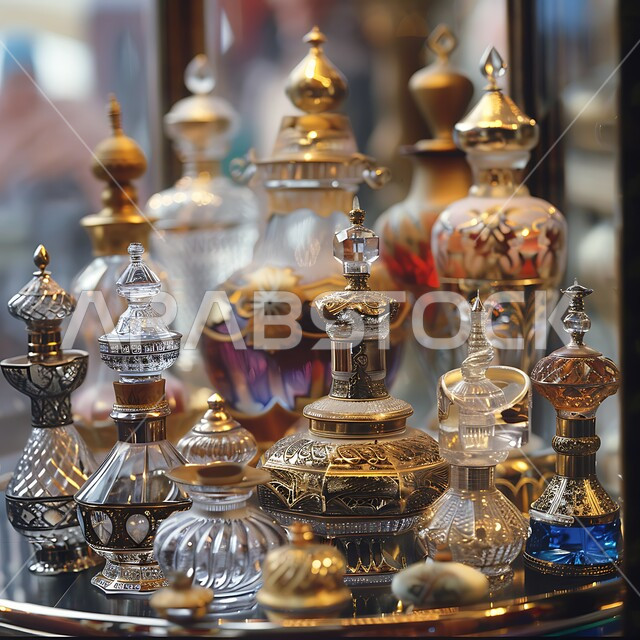 المحلات التجارية لبيع الطيب والعطر العربي، عرض المنتجات المحلية الوطنية، التسوق والتبضع في الأسواق الشعبية السياحية في المملكة العربية السعودية، زيوت تقليدية تراثية، صورة مقربة لترتيب زجاجات العطور العربية الملونة المزخرفة في سوق شعبي