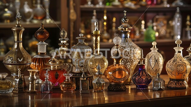 زيوت تقليدية تراثية، صورة مقربة لترتيب زجاجات العطور العربية الملونة المزخرفة في سوق شعبي، المحلات التجارية لبيع الطيب والعطر العربي، عرض المنتجات المحلية الوطنية، التسوق والتبضع في الأسواق الشعبية السياحية في المملكة العربية السعودية